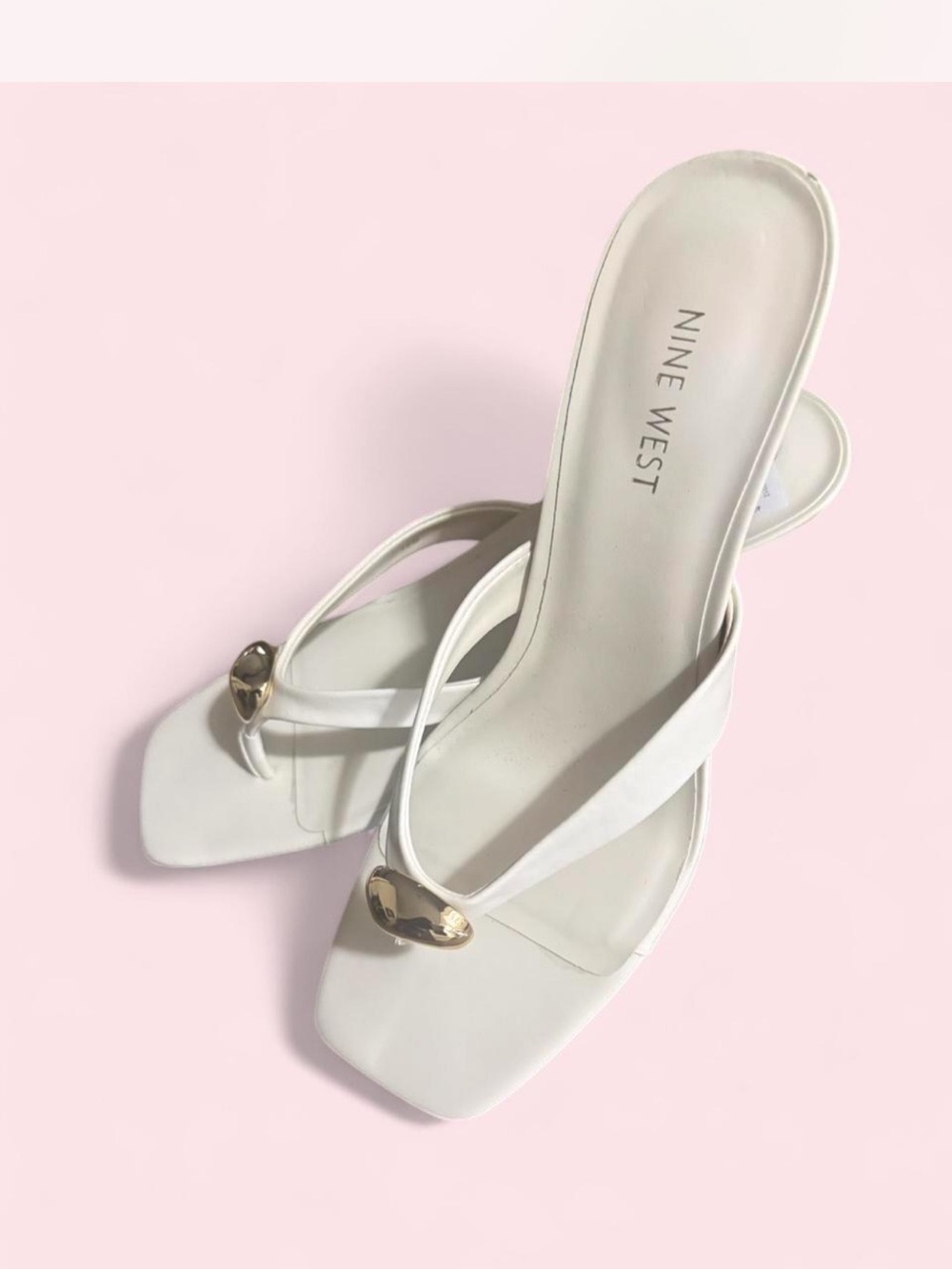 Nine West White Square-Toe Thong Heels with Gold Accent